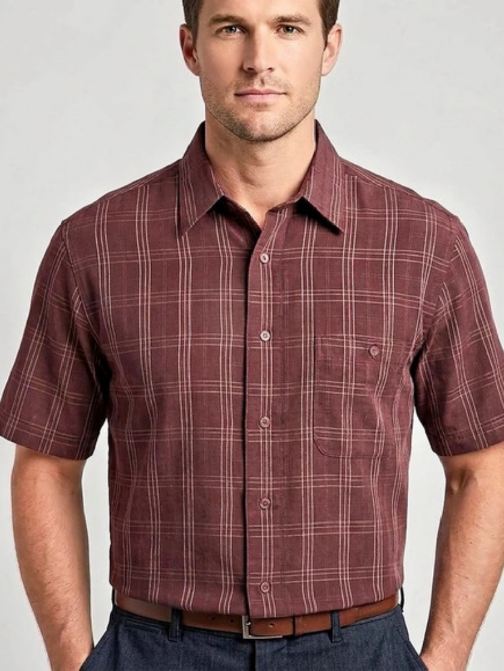 NWT Haggar Luxury Microfiber Plaid Short Sleeve Button Up Shirt Maroon Sz: M